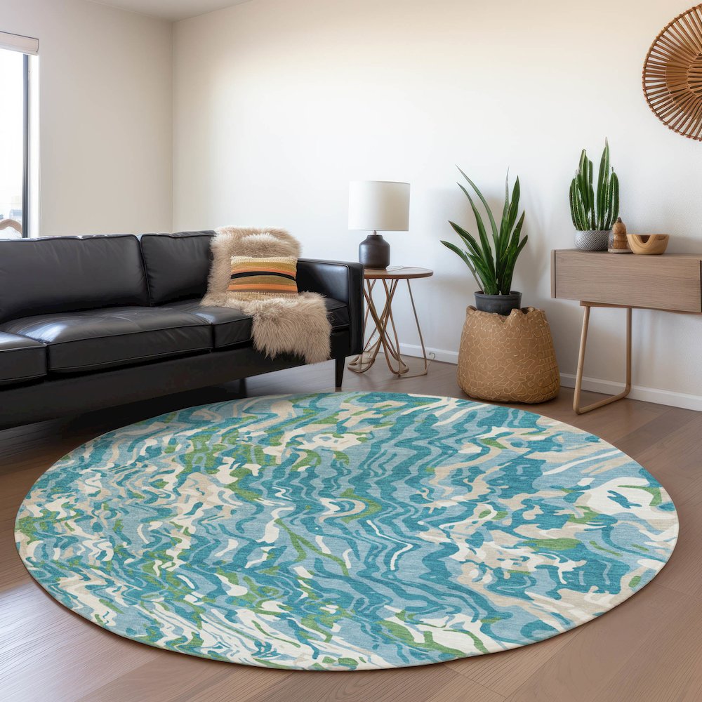 Premium Machine Washable Mayfield AMF1038 Teal 8' x 8' Round Rug. Picture 5