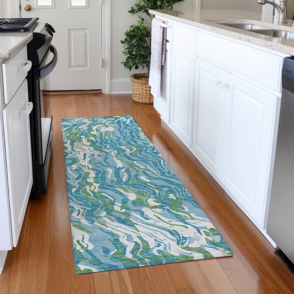 Premium Machine Washable Mayfield AMF1038 Teal 2'3" x 7'6" Runner Rug. Picture 5