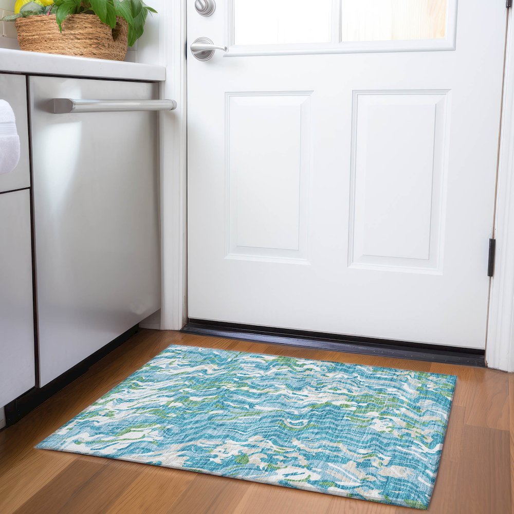 Premium Machine Washable Mayfield AMF1038 Teal 1'8" x 2'6" Rug. Picture 5