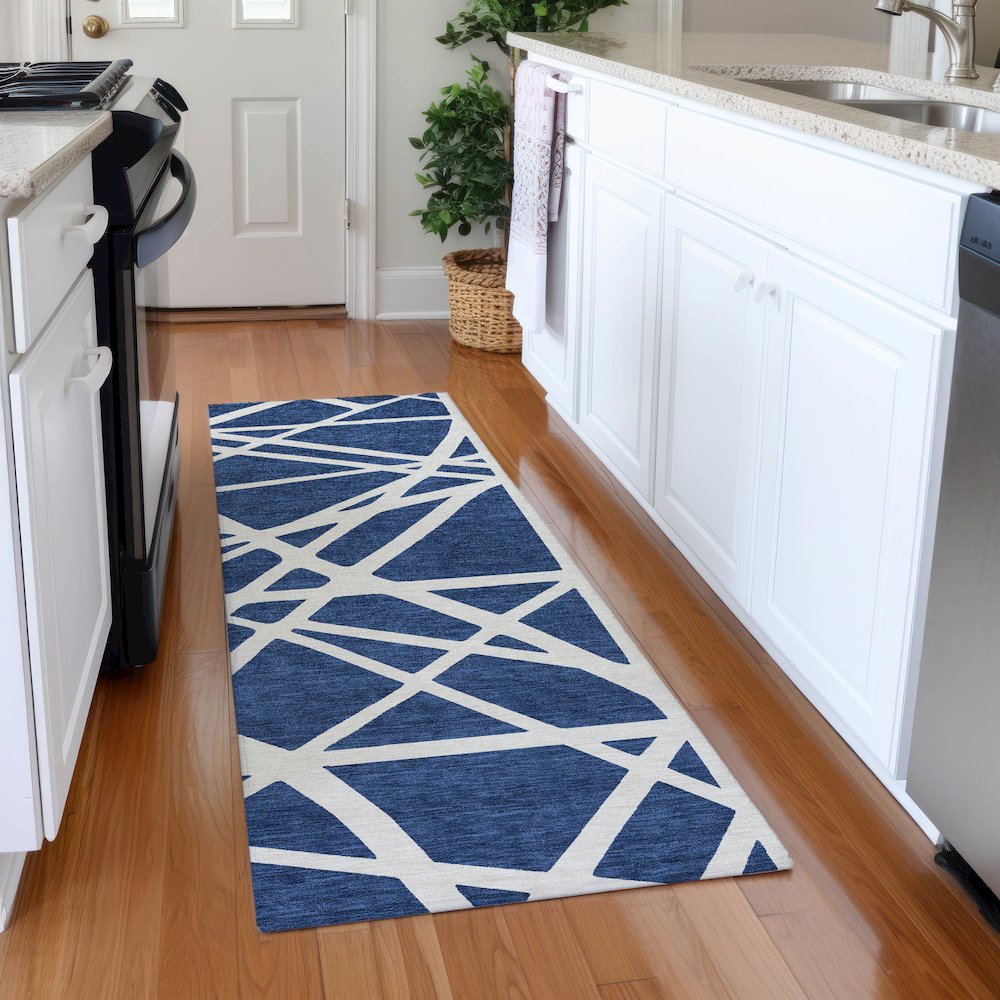 Premium Machine Washable Mayfield AMF1040 Navy 2'3" x 7'6" Runner Rug. Picture 5