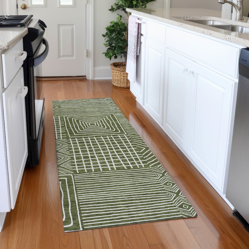 Premium Machine Washable Mayfield AMF1044 Olive 2'3" x 7'6" Runner Rug. Picture 5