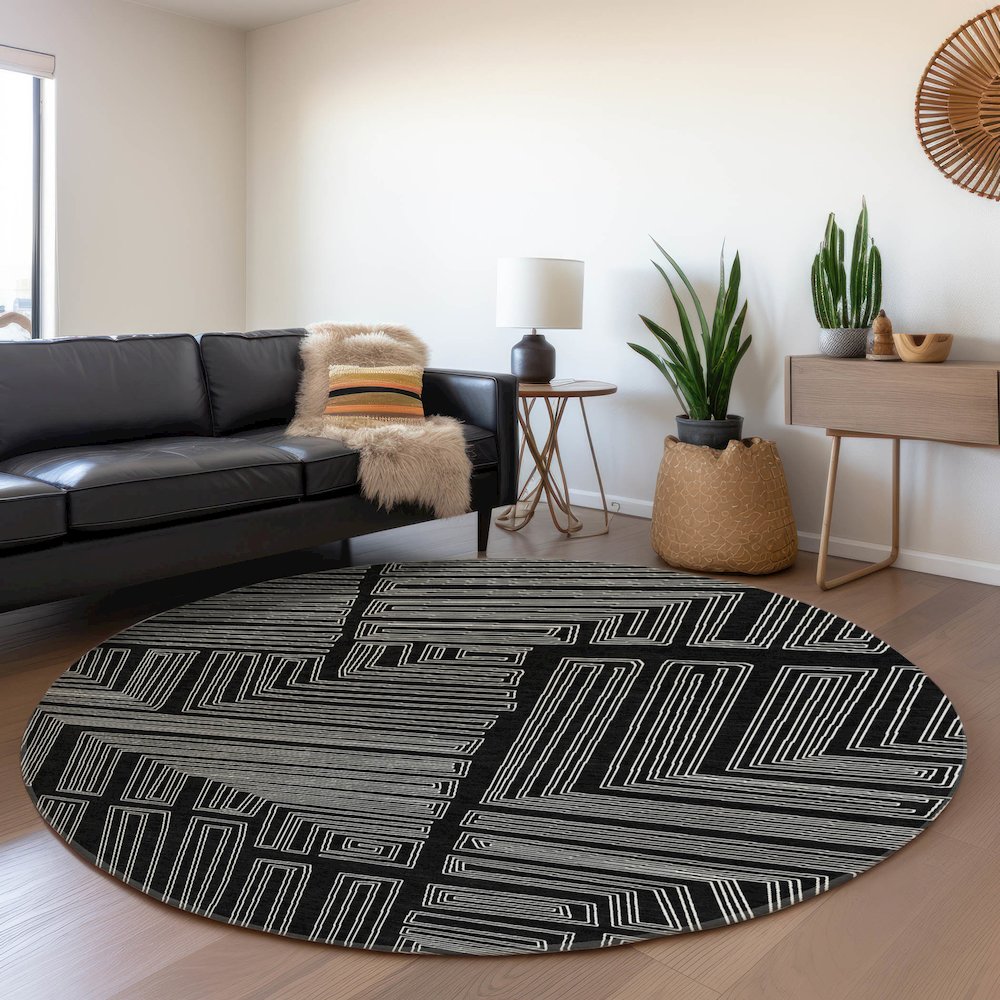 Premium Machine Washable Mayfield AMF1045 Black 8' x 8' Round Rug. Picture 5