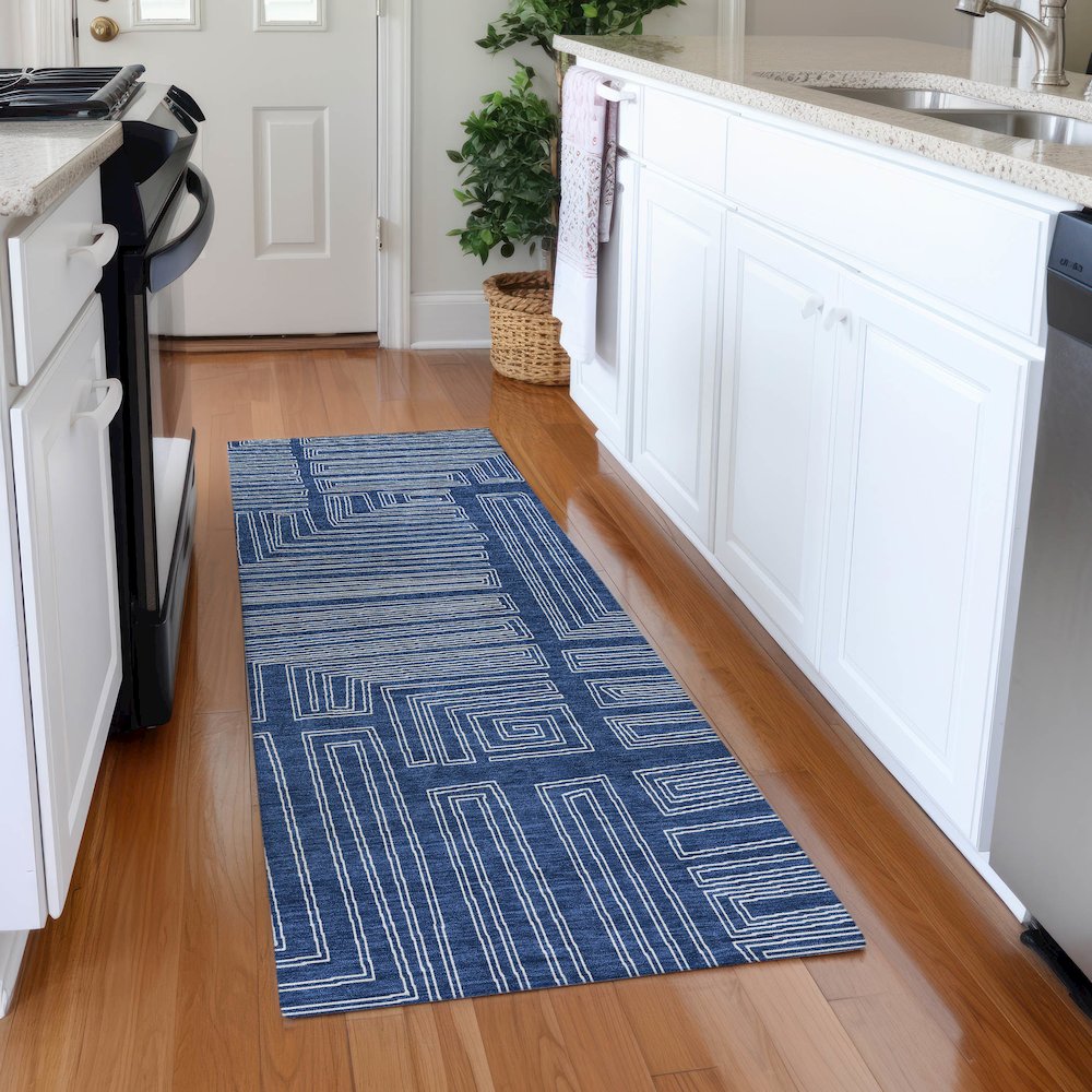 Premium Machine Washable Mayfield AMF1045 Navy 2'3" x 7'6" Runner Rug. Picture 5