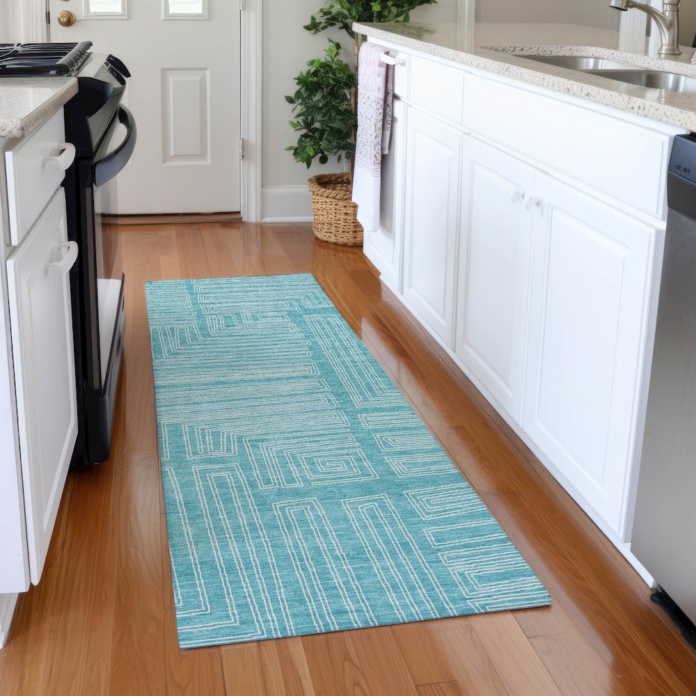 Premium Machine Washable Mayfield AMF1045 Turquoise 2'3" x 7'6" Runner Rug. Picture 5