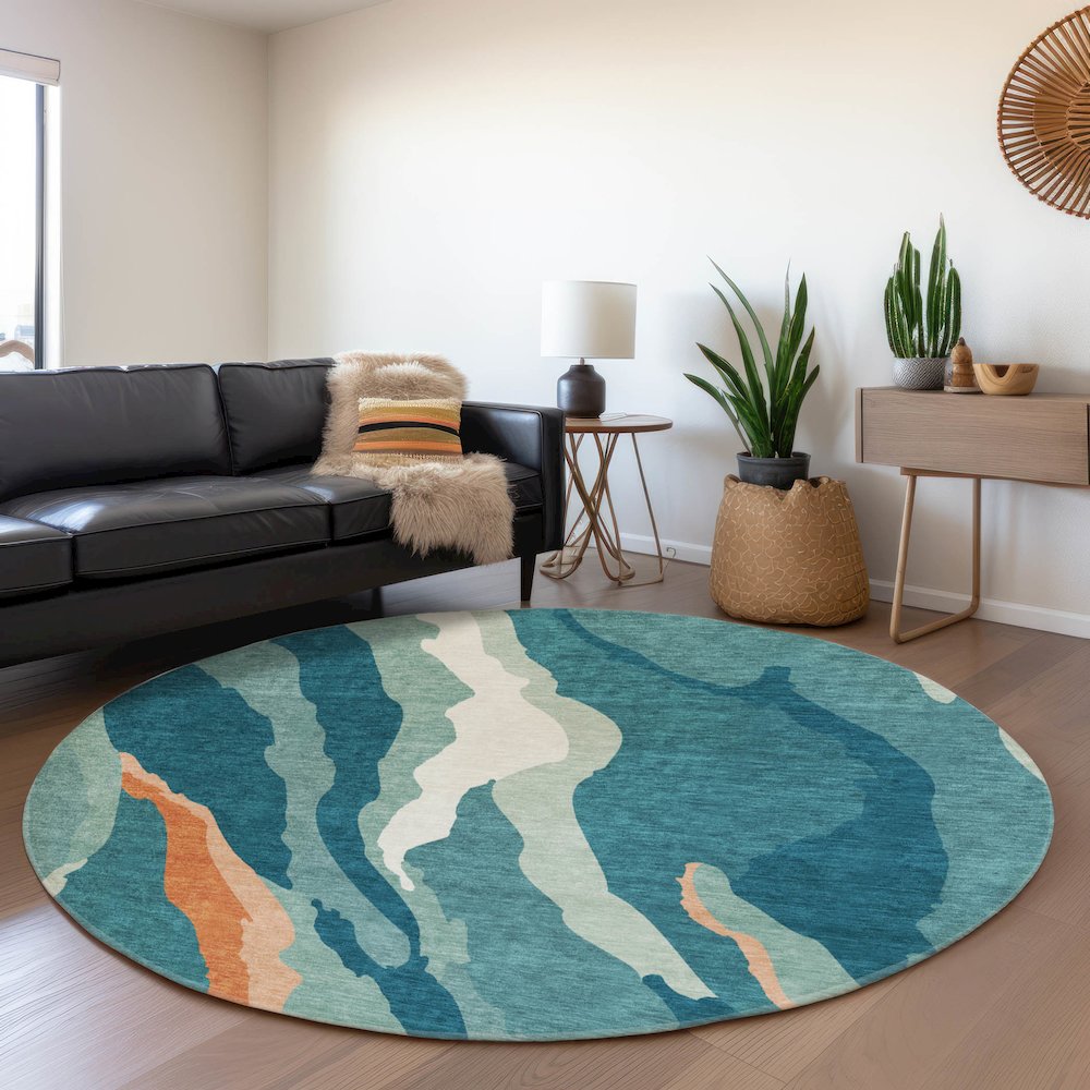 Premium Machine Washable Mayfield AMF1047 Teal 8' x 8' Round Rug. Picture 5