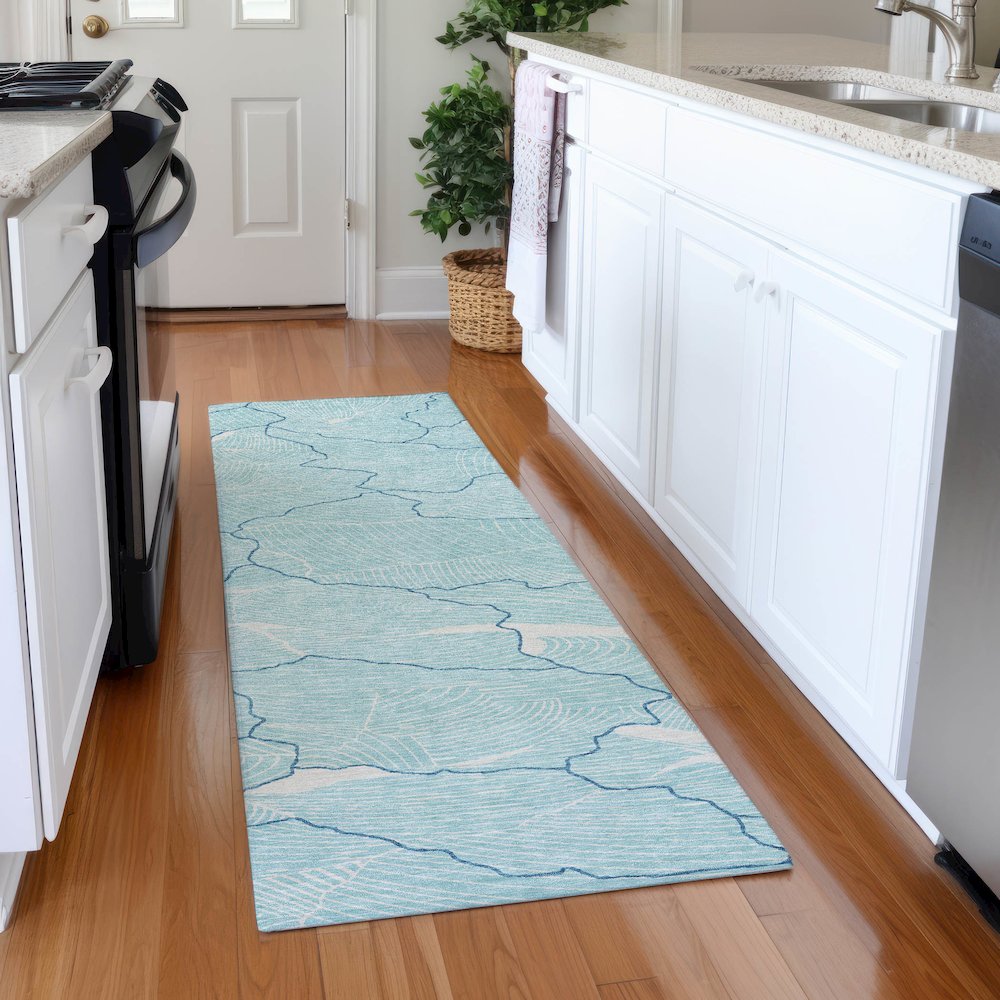 Premium Machine Washable Mayfield AMF1048 Aqua 2'3" x 7'6" Runner Rug. Picture 5
