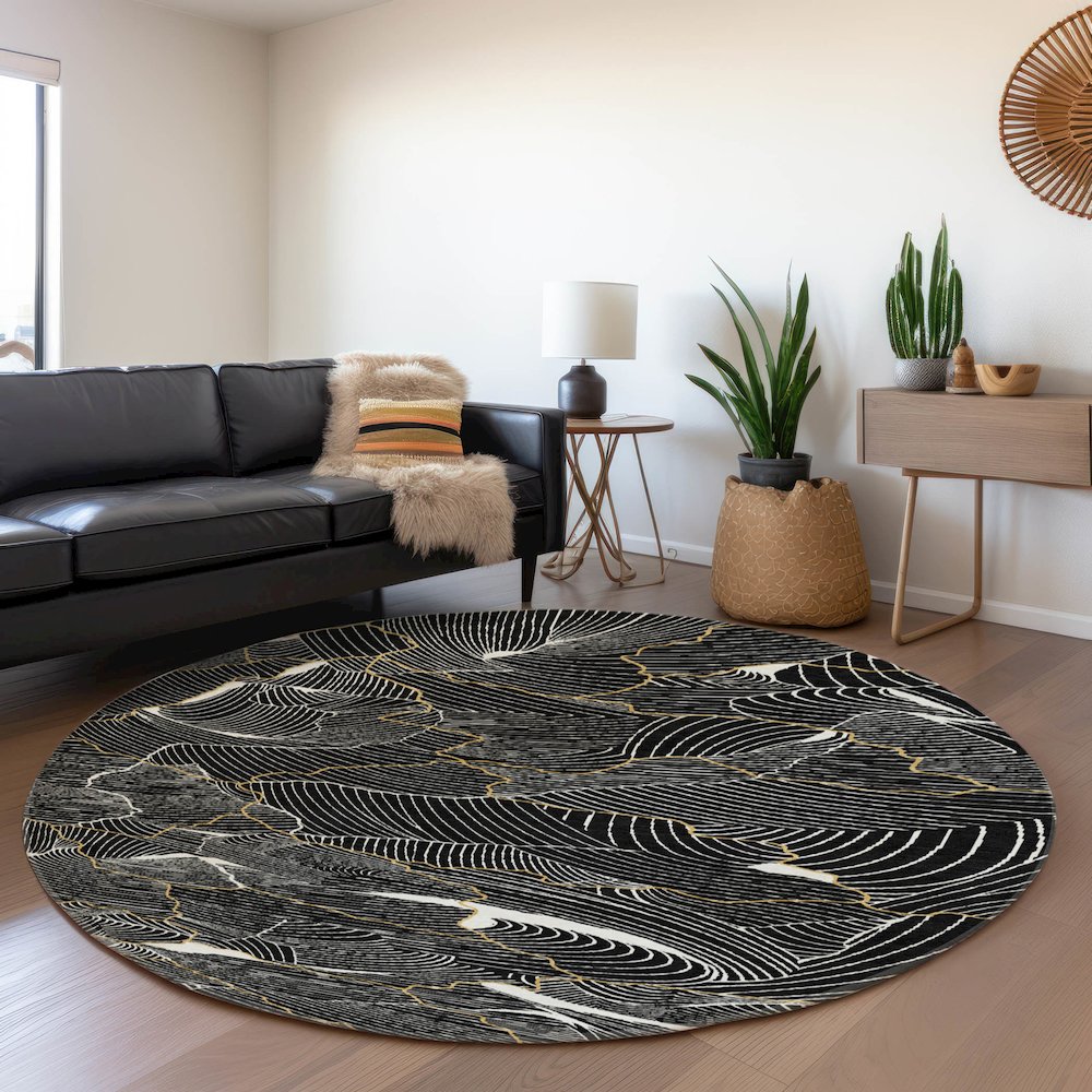 Premium Machine Washable Mayfield AMF1048 Black 8' x 8' Round Rug. Picture 5