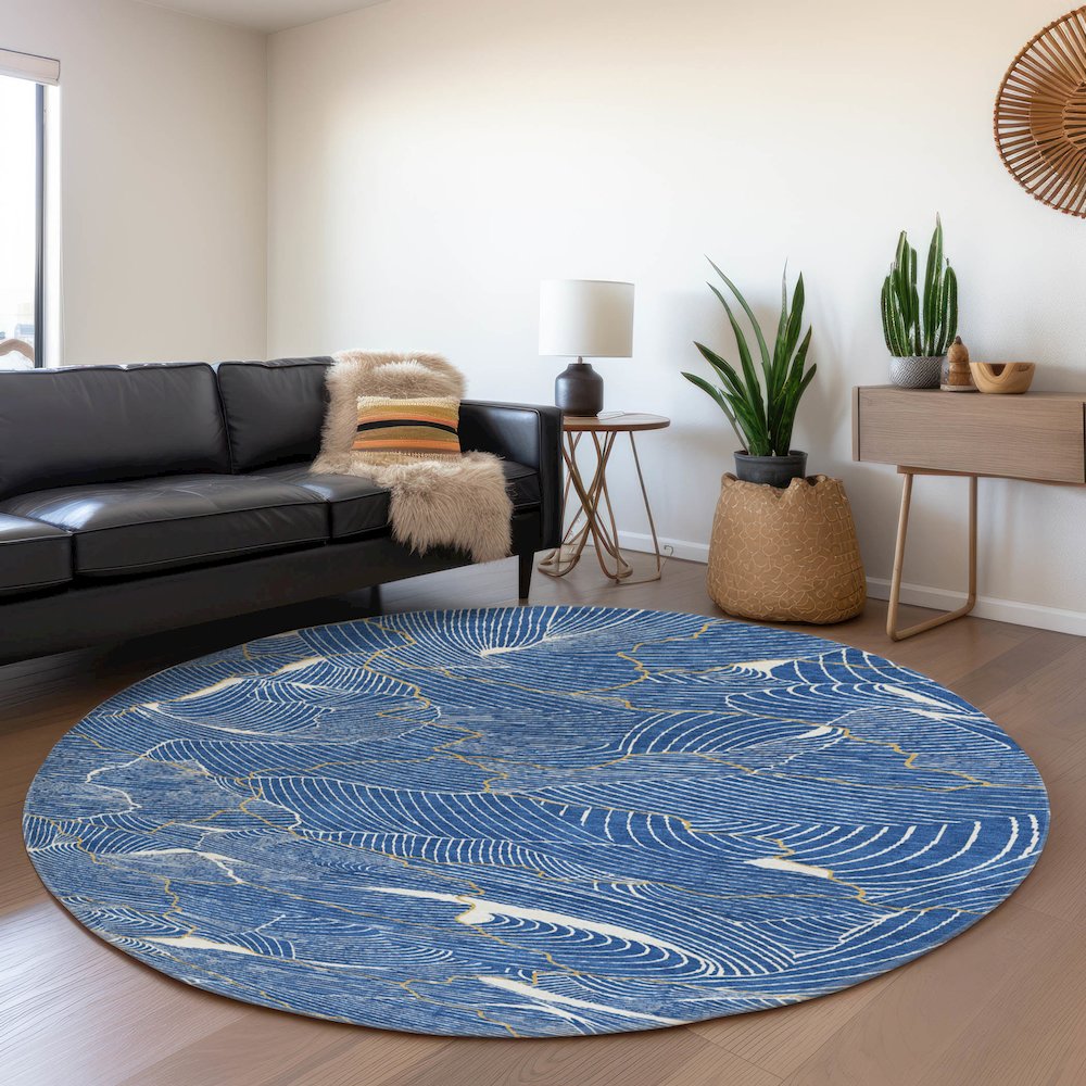 Premium Machine Washable Mayfield AMF1048 Blue 8' x 8' Round Rug. Picture 5