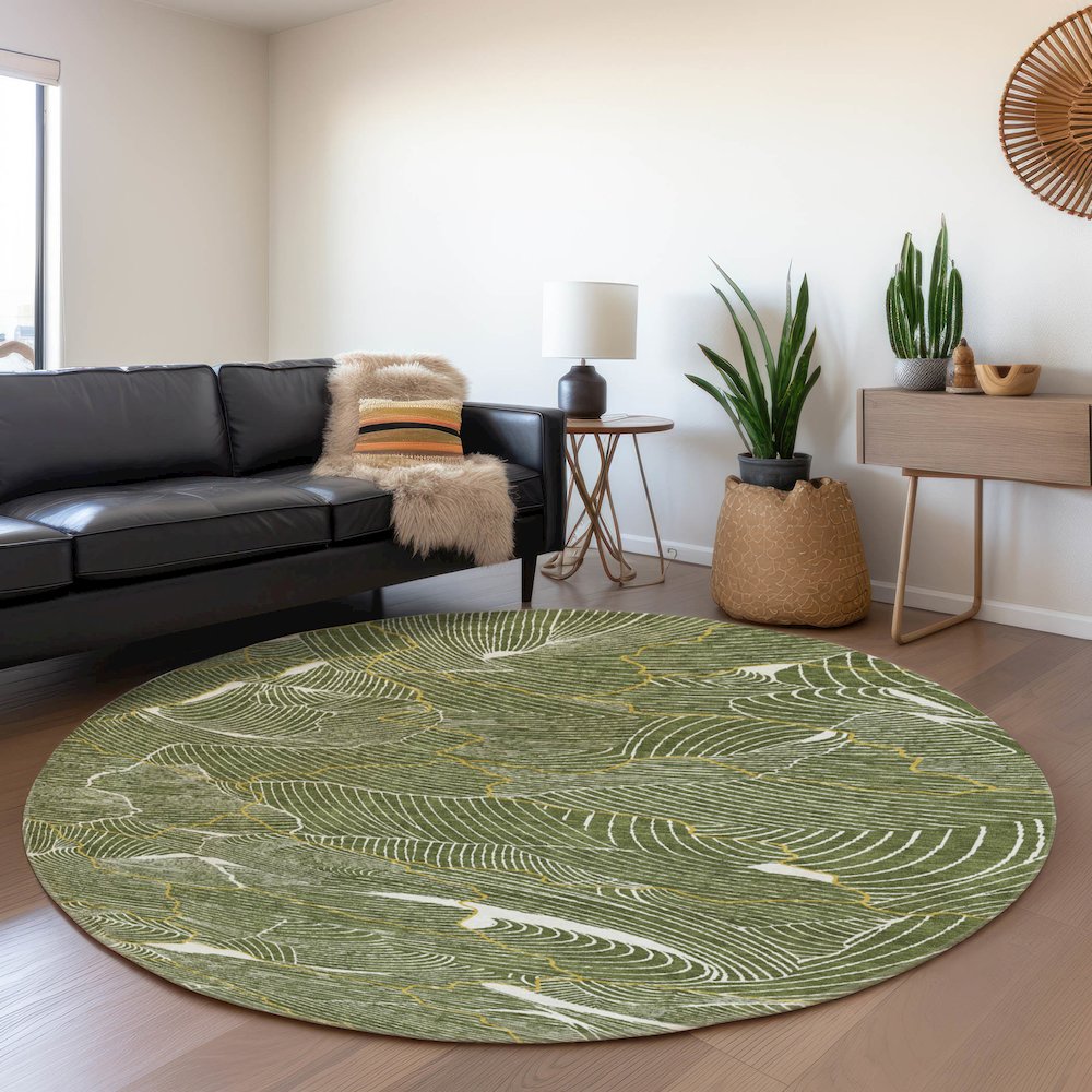 Premium Machine Washable Mayfield AMF1048 Olive 8' x 8' Round Rug. Picture 5