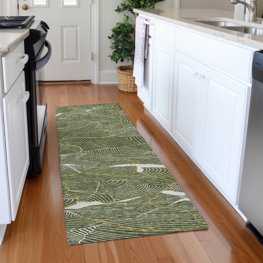 Premium Machine Washable Mayfield AMF1048 Olive 2'3" x 7'6" Runner Rug. Picture 5