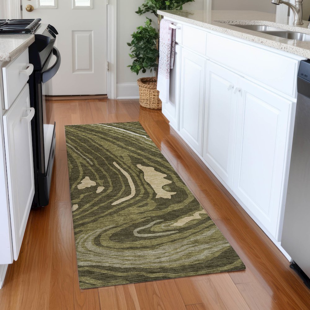 Premium Machine Washable Mayfield AMF1051 Olive 2'3" x 7'6" Runner Rug. Picture 5