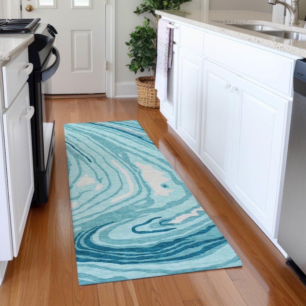 Premium Machine Washable Mayfield AMF1051 Turquoise 2'3" x 7'6" Runner Rug. Picture 5