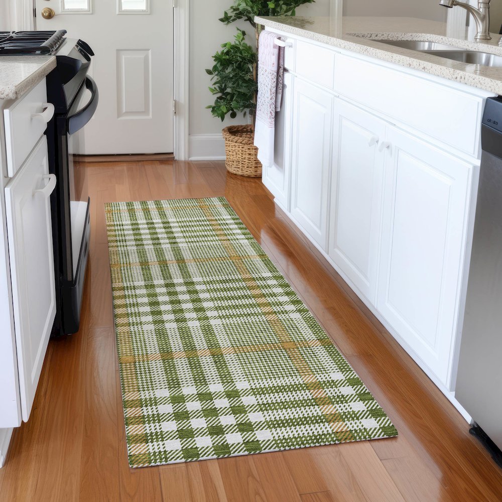 Premium Machine Washable Mayfield AMF1054 Olive 2'3" x 7'6" Runner Rug. Picture 5