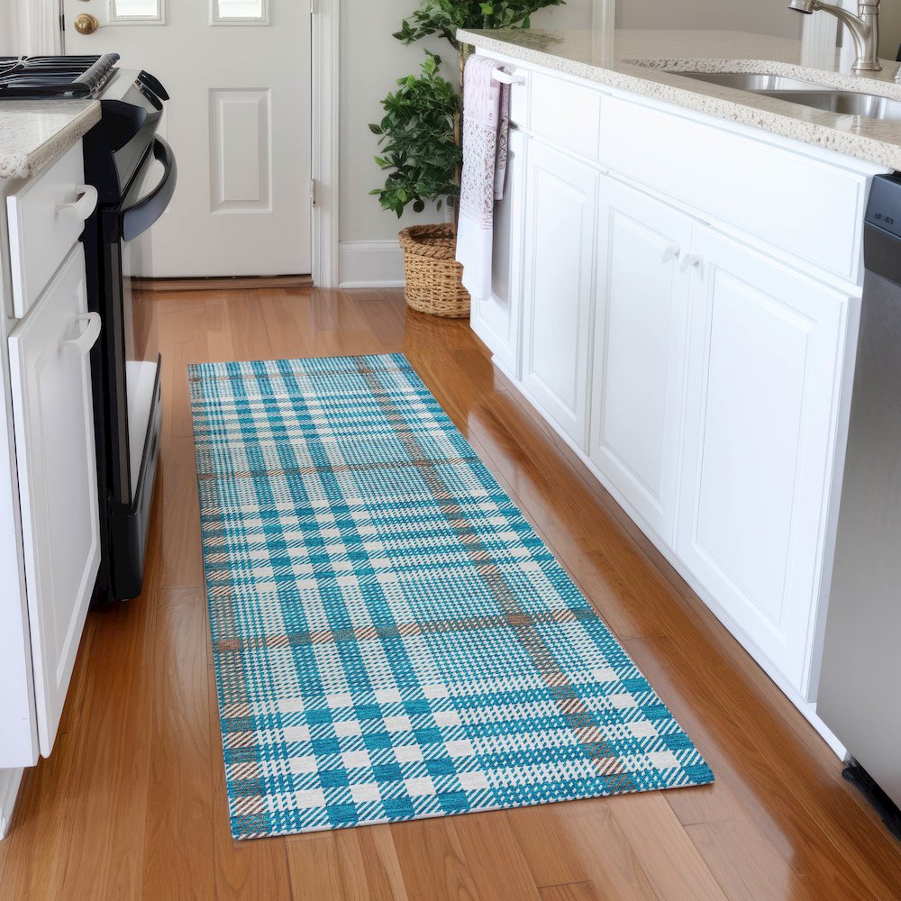 Premium Machine Washable Mayfield AMF1054 Teal 2'3" x 7'6" Runner Rug. Picture 5