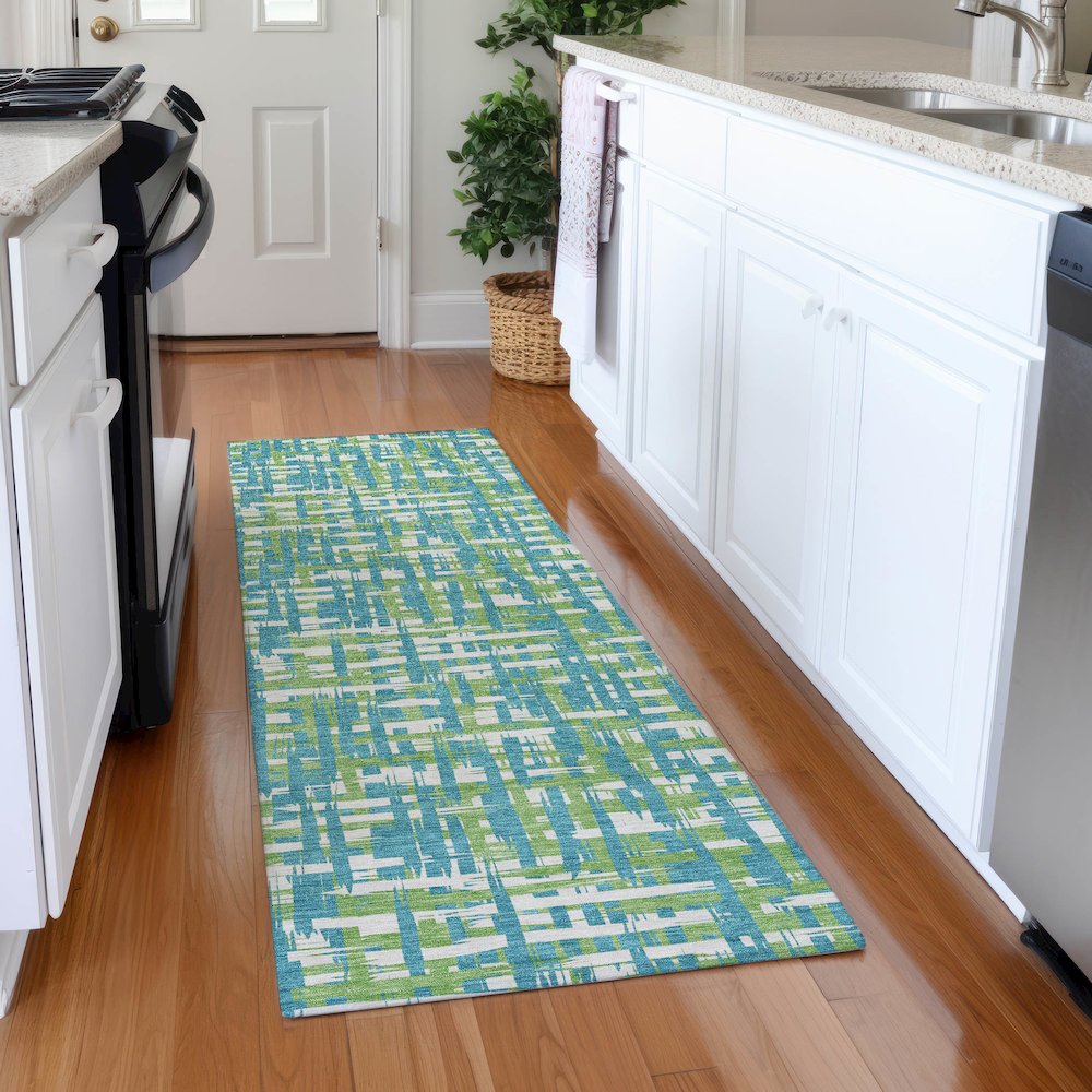 Premium Machine Washable Mayfield AMF1060 Turquoise 2'3" x 7'6" Runner Rug. Picture 5