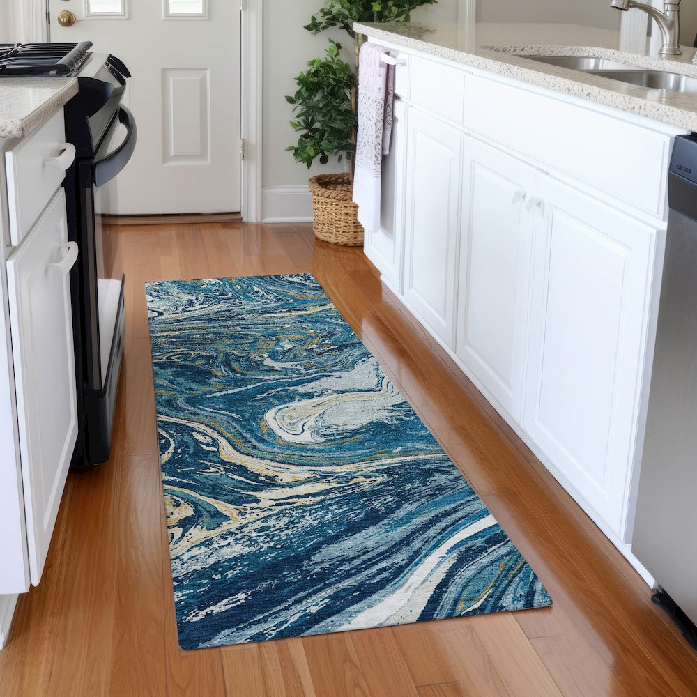Premium Machine Washable Mayfield AMF1061 Navy 2'3" x 7'6" Runner Rug. Picture 5