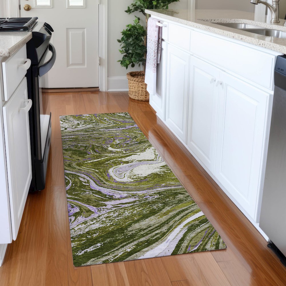 Premium Machine Washable Mayfield AMF1061 Olive 2'3" x 7'6" Runner Rug. Picture 5