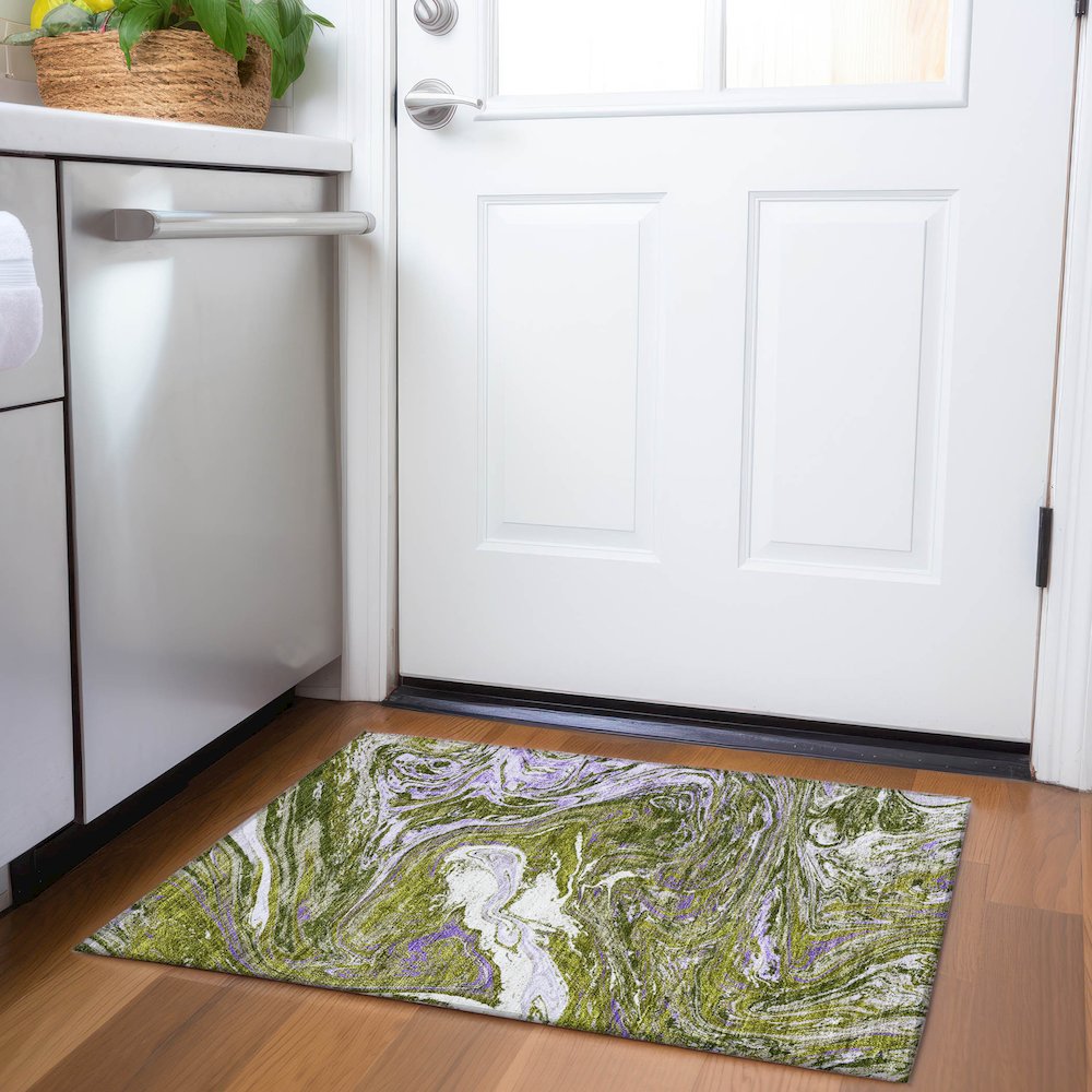Premium Machine Washable Mayfield AMF1061 Olive 1'8" x 2'6" Rug. Picture 5