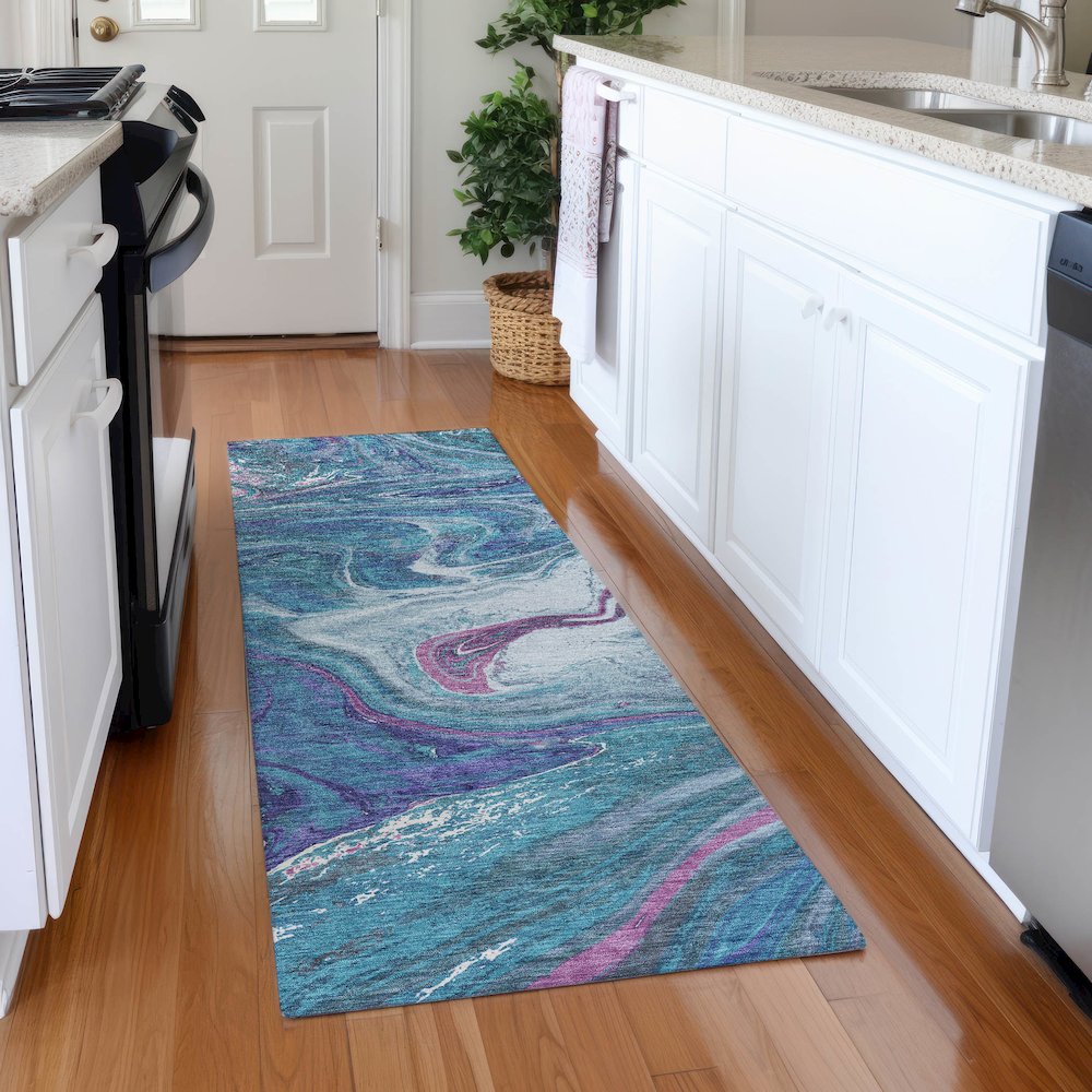 Premium Machine Washable Mayfield AMF1061 Teal 2'3" x 7'6" Runner Rug. Picture 5