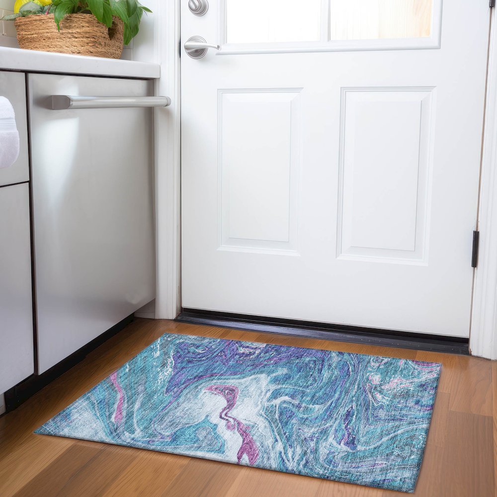 Premium Machine Washable Mayfield AMF1061 Teal 1'8" x 2'6" Rug. Picture 5