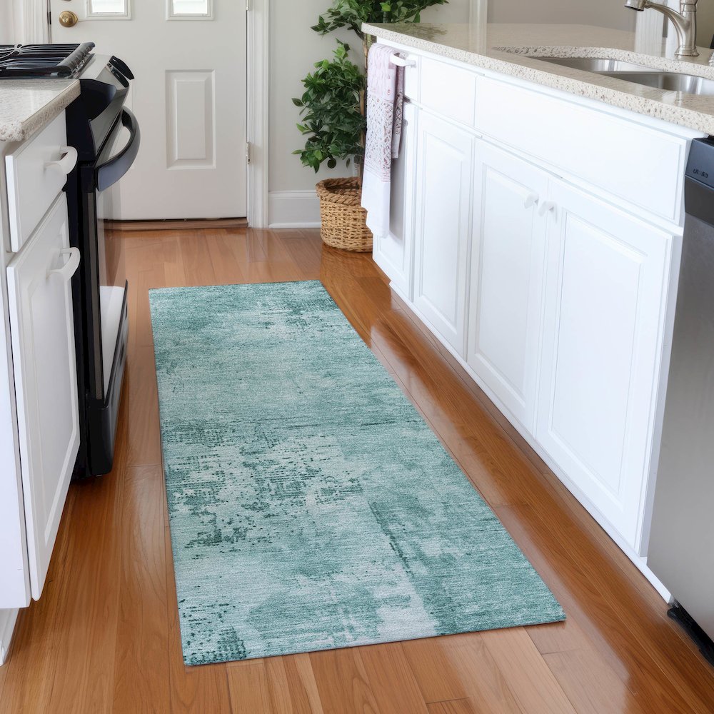 Premium Machine Washable Mayfield AMF1062 Teal 2'3" x 7'6" Runner Rug. Picture 5