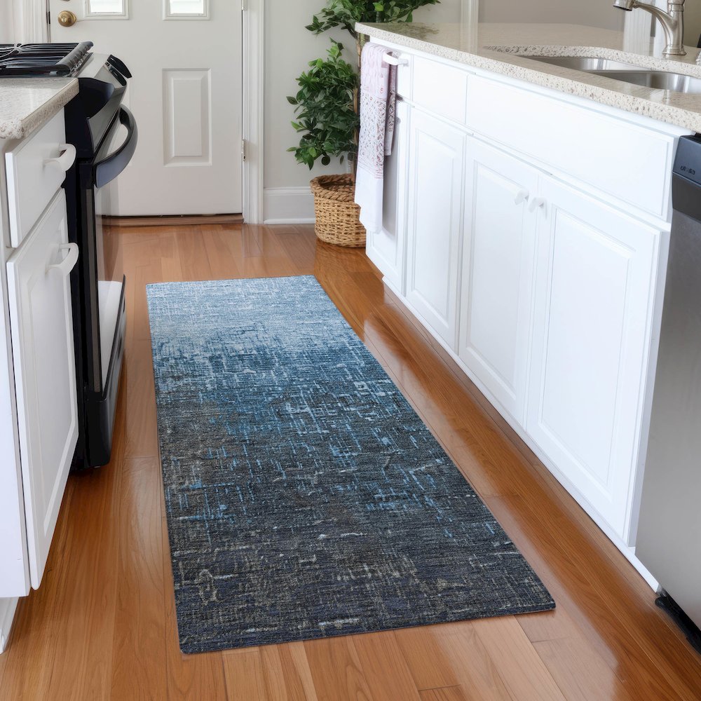 Premium Machine Washable Mayfield AMF1066 Blue 2'3" x 7'6" Runner Rug. Picture 5