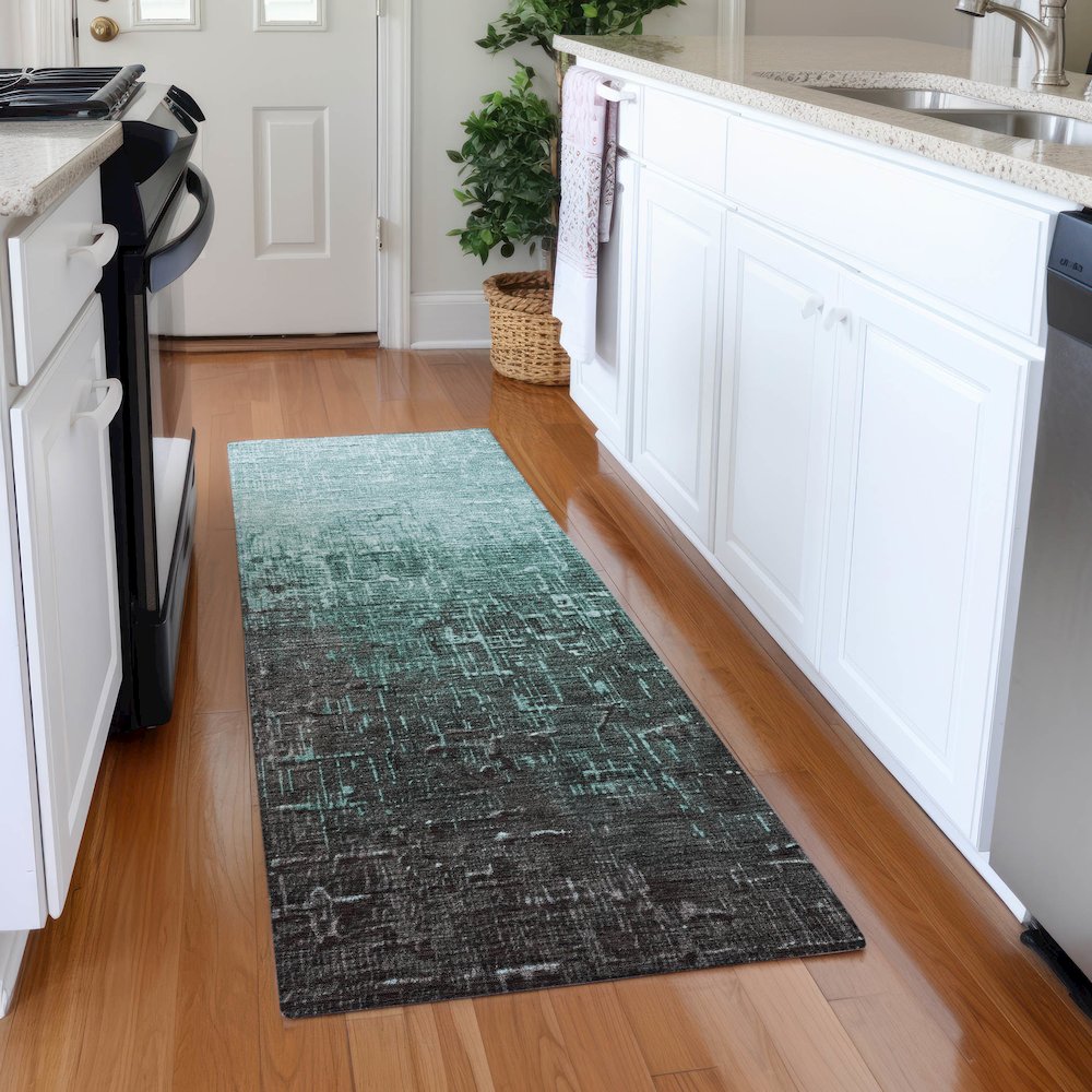 Premium Machine Washable Mayfield AMF1066 Teal 2'3" x 7'6" Runner Rug. Picture 5