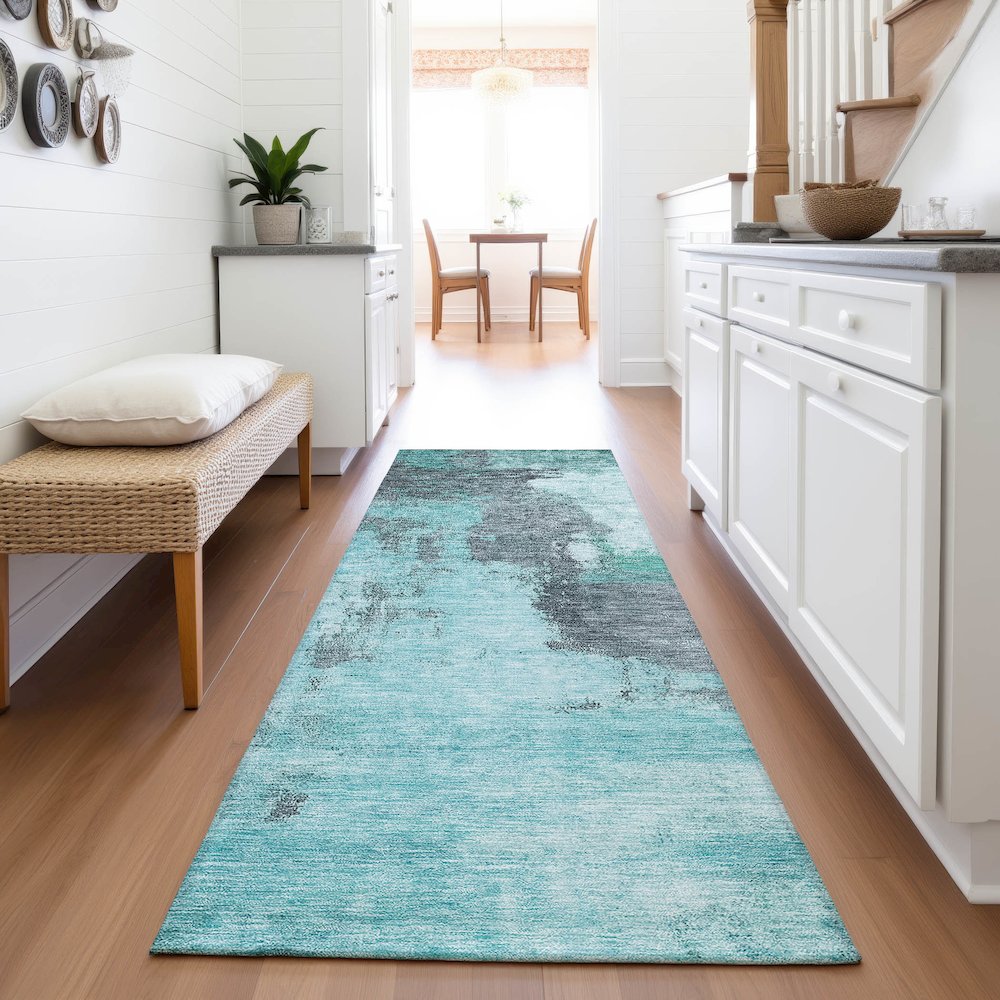 Premium Machine Washable Mayfield AMF1068 Teal 2'3" x 7'6" Runner Rug. Picture 5