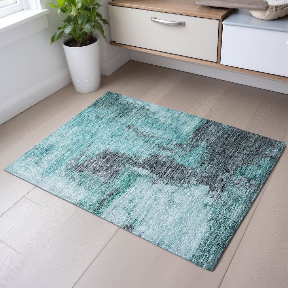 Premium Machine Washable Mayfield AMF1068 Teal 1'8" x 2'6" Rug. Picture 5