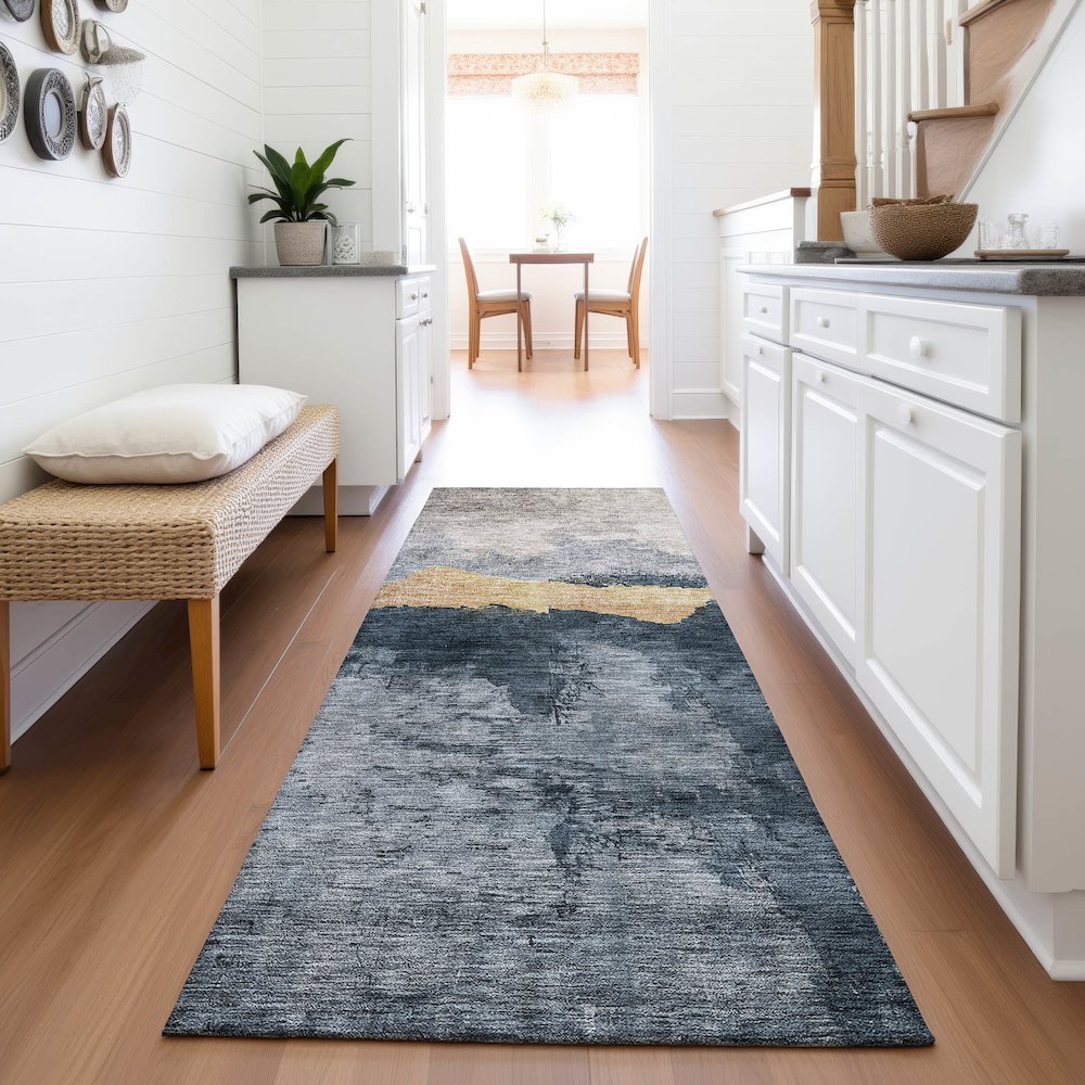 Premium Machine Washable Mayfield AMF1069 Blue 2'3" x 7'6" Runner Rug. Picture 5
