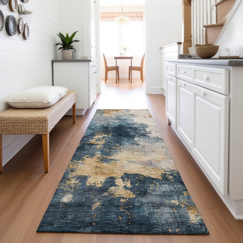 Premium Machine Washable Mayfield AMF1072 Blue 2'3" x 7'6" Runner Rug. Picture 5