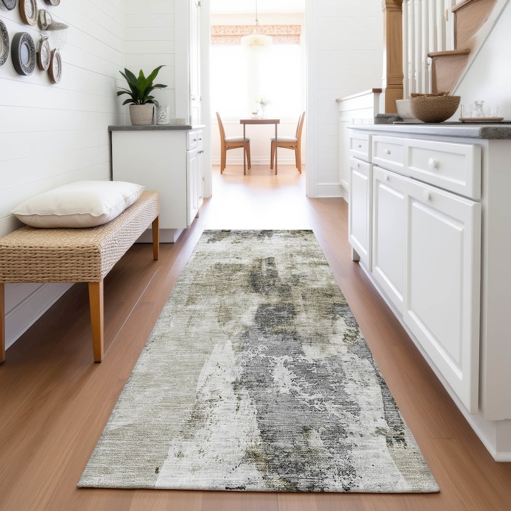 Premium Machine Washable Mayfield AMF1076 Taupe 2'3" x 7'6" Runner Rug. Picture 5