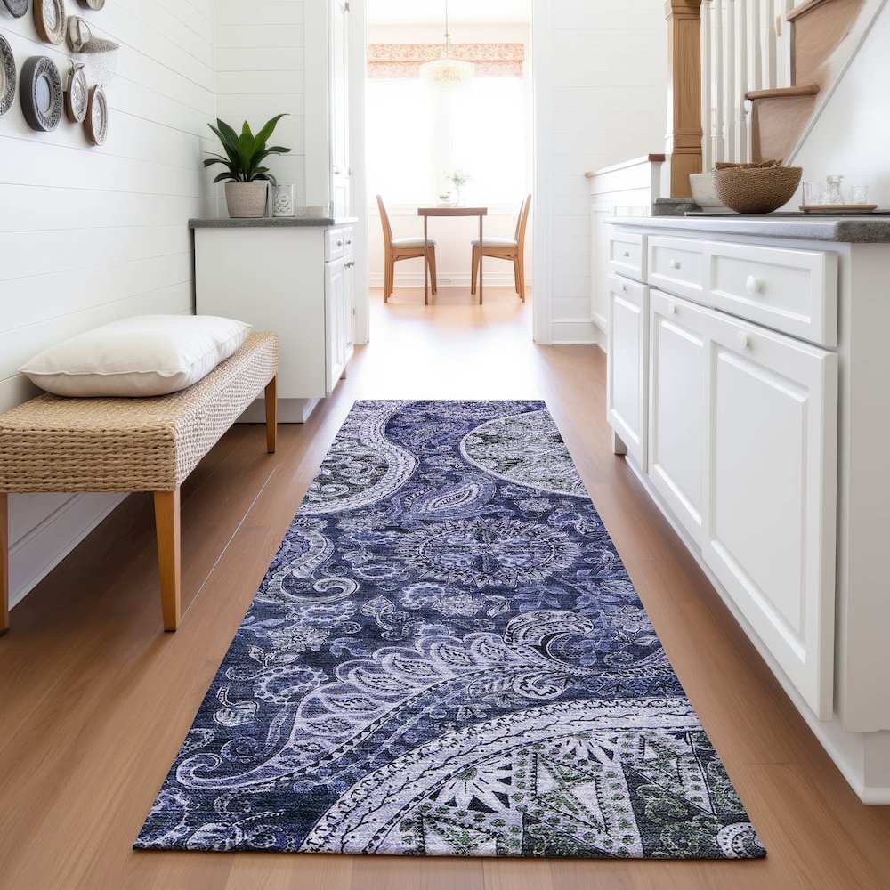 Premium Machine Washable Mayfield AMF1078 Navy 2'3" x 7'6" Runner Rug. Picture 5