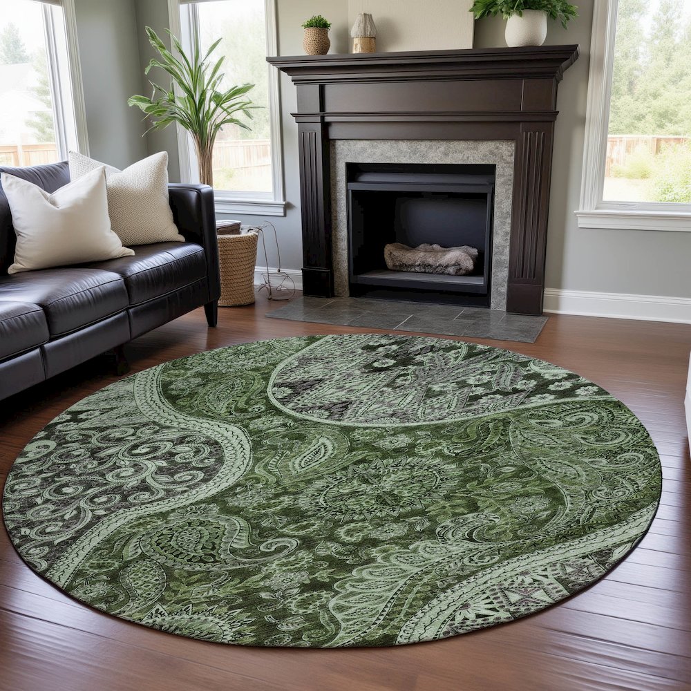 Premium Machine Washable Mayfield AMF1078 Olive 8' x 8' Round Rug. Picture 5