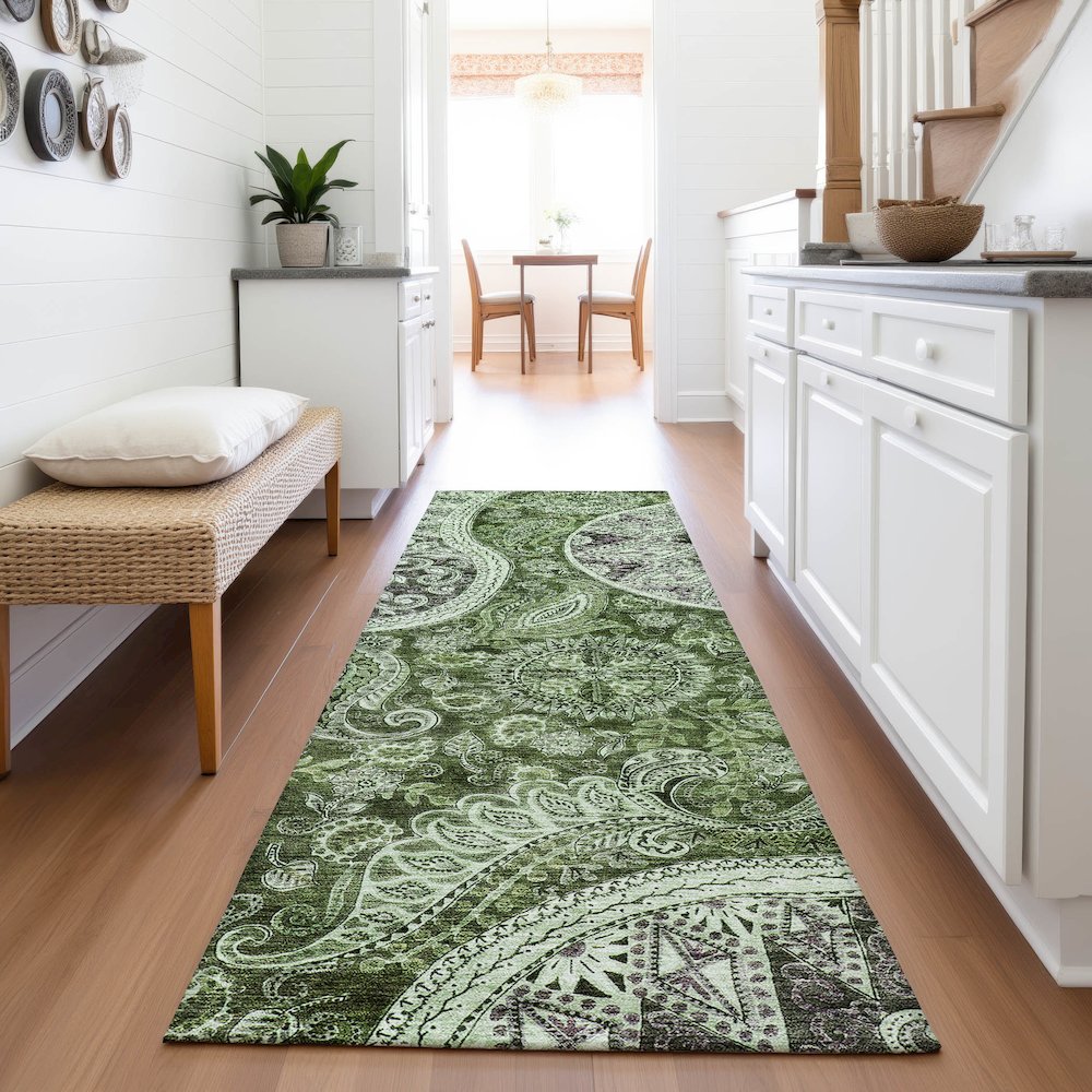 Premium Machine Washable Mayfield AMF1078 Olive 2'3" x 7'6" Runner Rug. Picture 5
