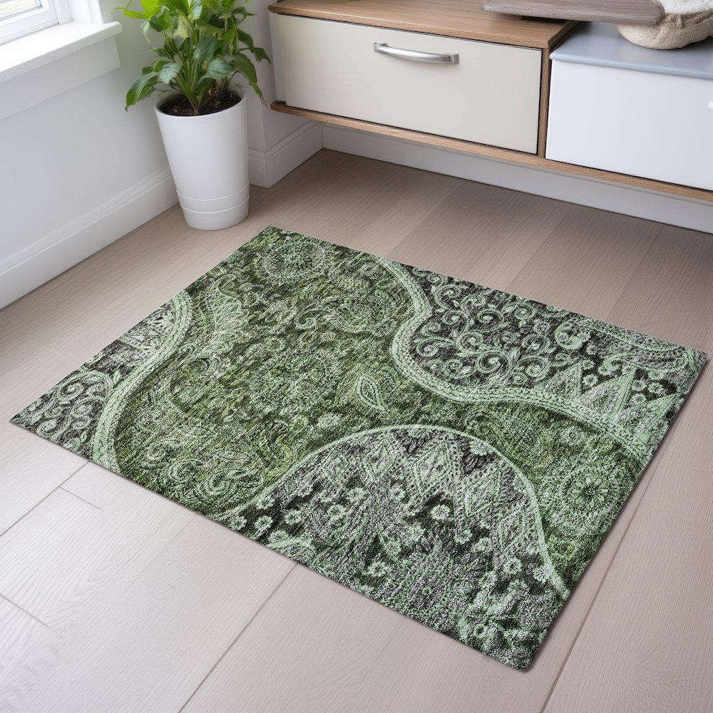Premium Machine Washable Mayfield AMF1078 Olive 1'8" x 2'6" Rug. Picture 5