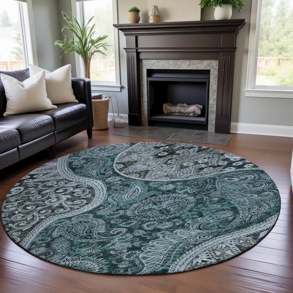 Premium Machine Washable Mayfield AMF1078 Teal 8' x 8' Round Rug. Picture 5