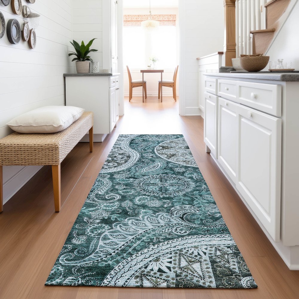 Premium Machine Washable Mayfield AMF1078 Teal 2'3" x 7'6" Runner Rug. Picture 5