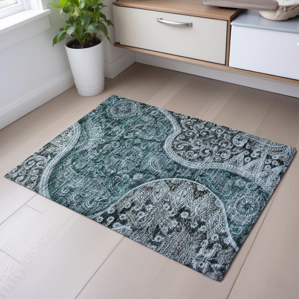 Premium Machine Washable Mayfield AMF1078 Teal 1'8" x 2'6" Rug. Picture 5