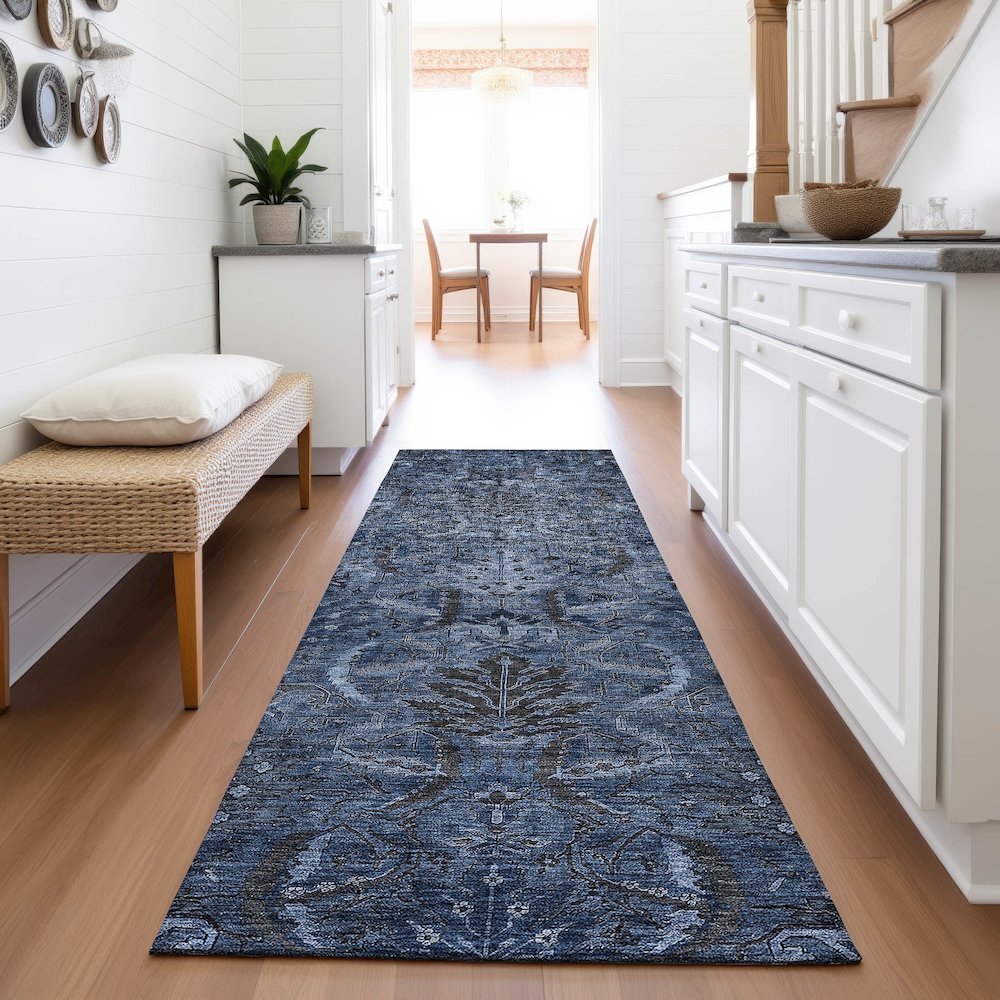 Premium Machine Washable Mayfield AMF1082 Navy 2'3" x 7'6" Runner Rug. Picture 5