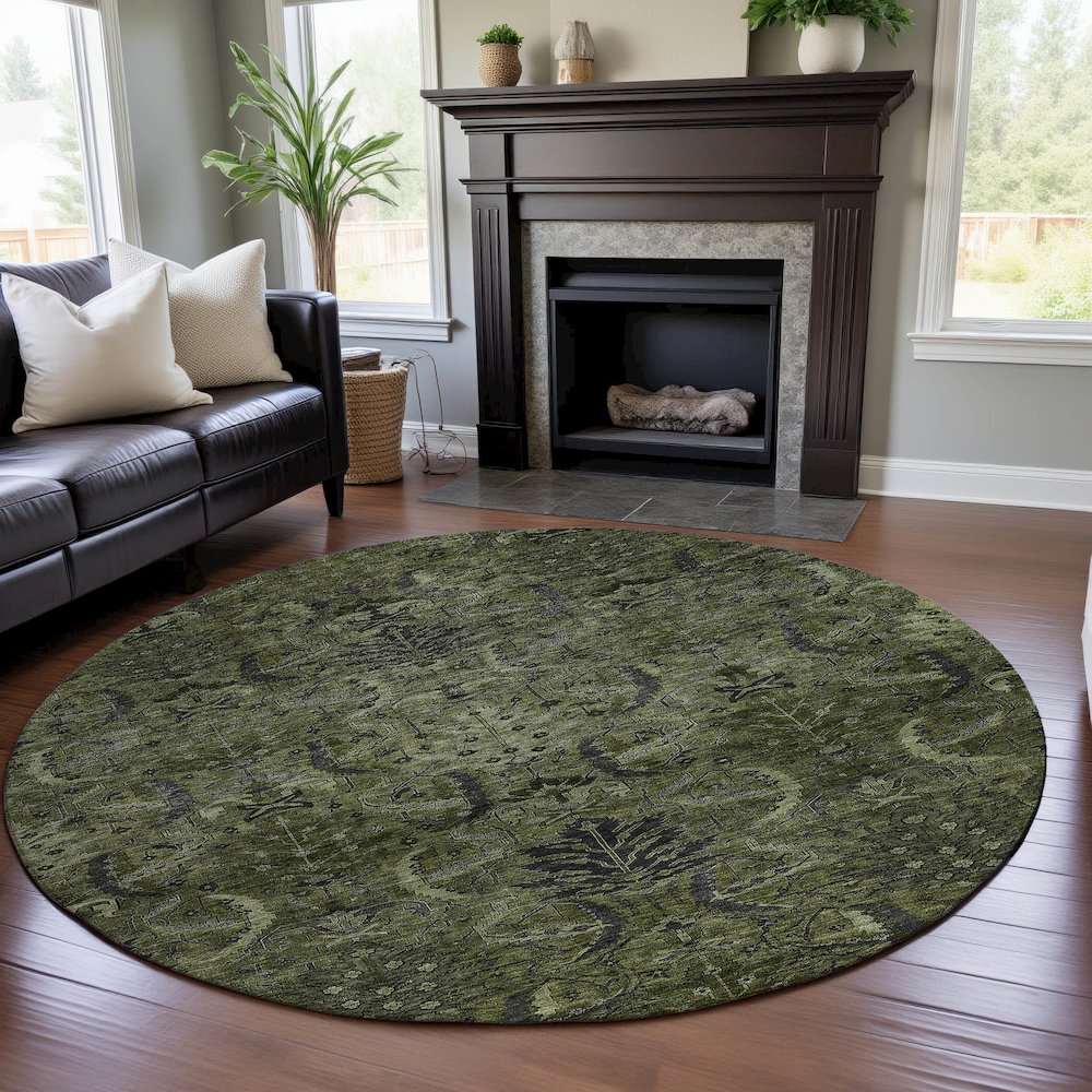 Premium Machine Washable Mayfield AMF1082 Olive 8' x 8' Round Rug. Picture 5