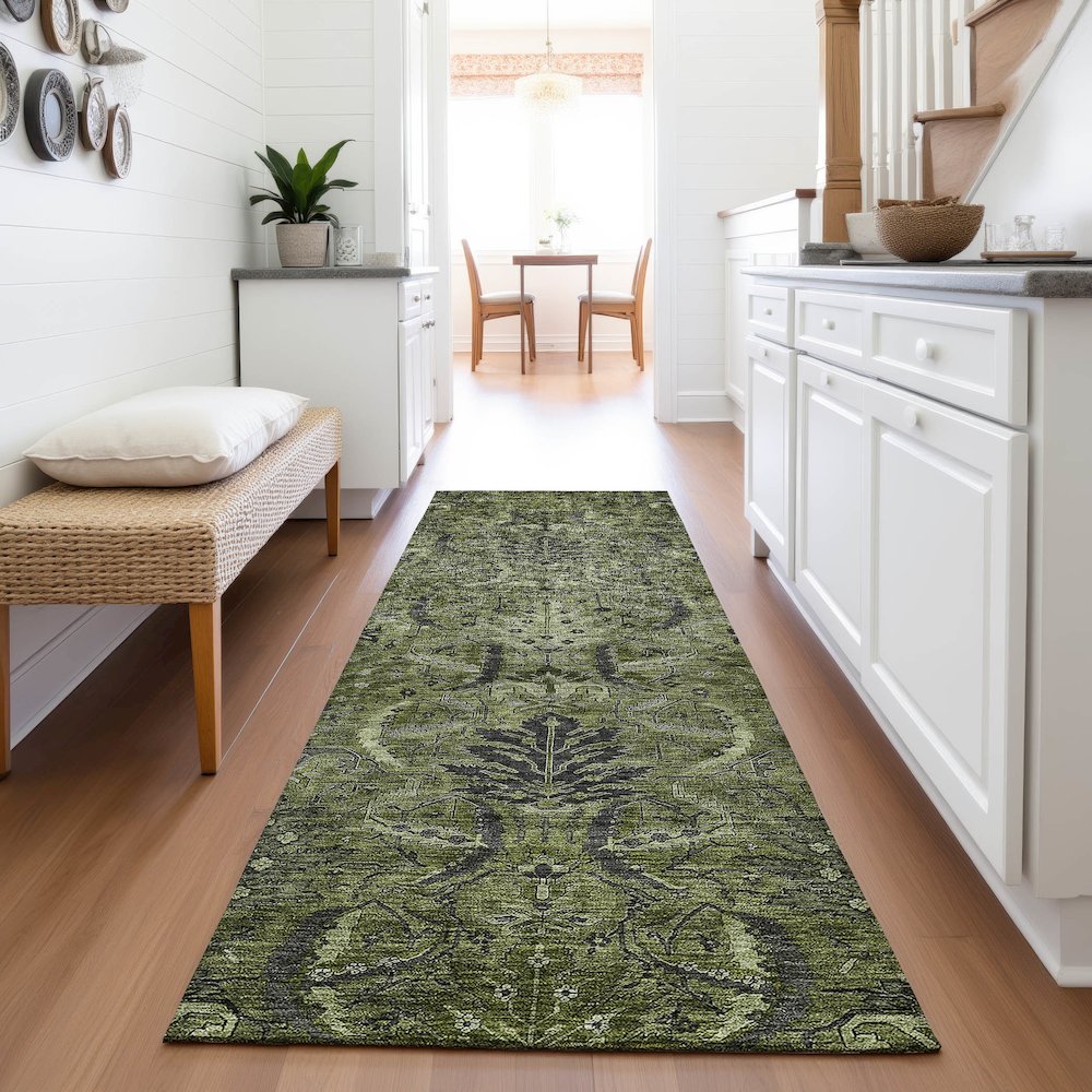Premium Machine Washable Mayfield AMF1082 Olive 2'3" x 7'6" Runner Rug. Picture 5