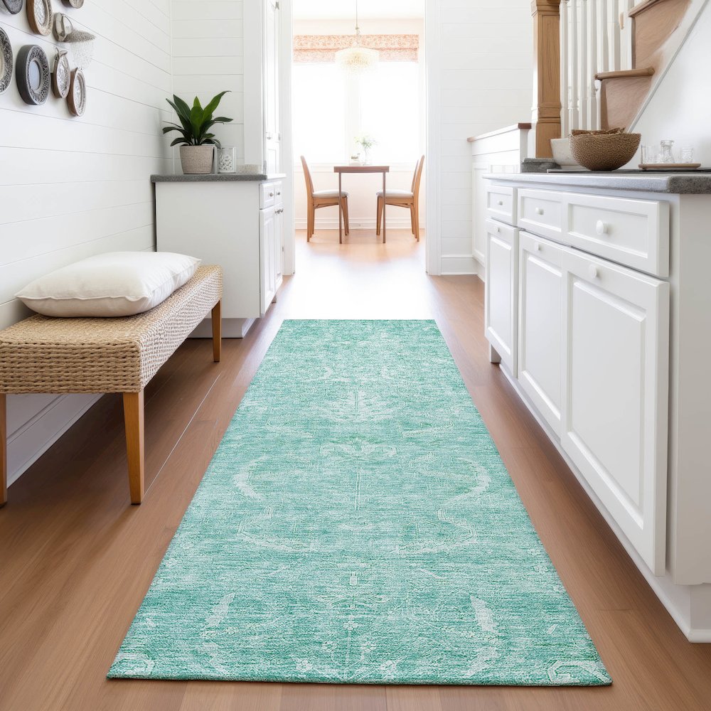Premium Machine Washable Mayfield AMF1083 Aqua 2'3" x 7'6" Runner Rug. Picture 5