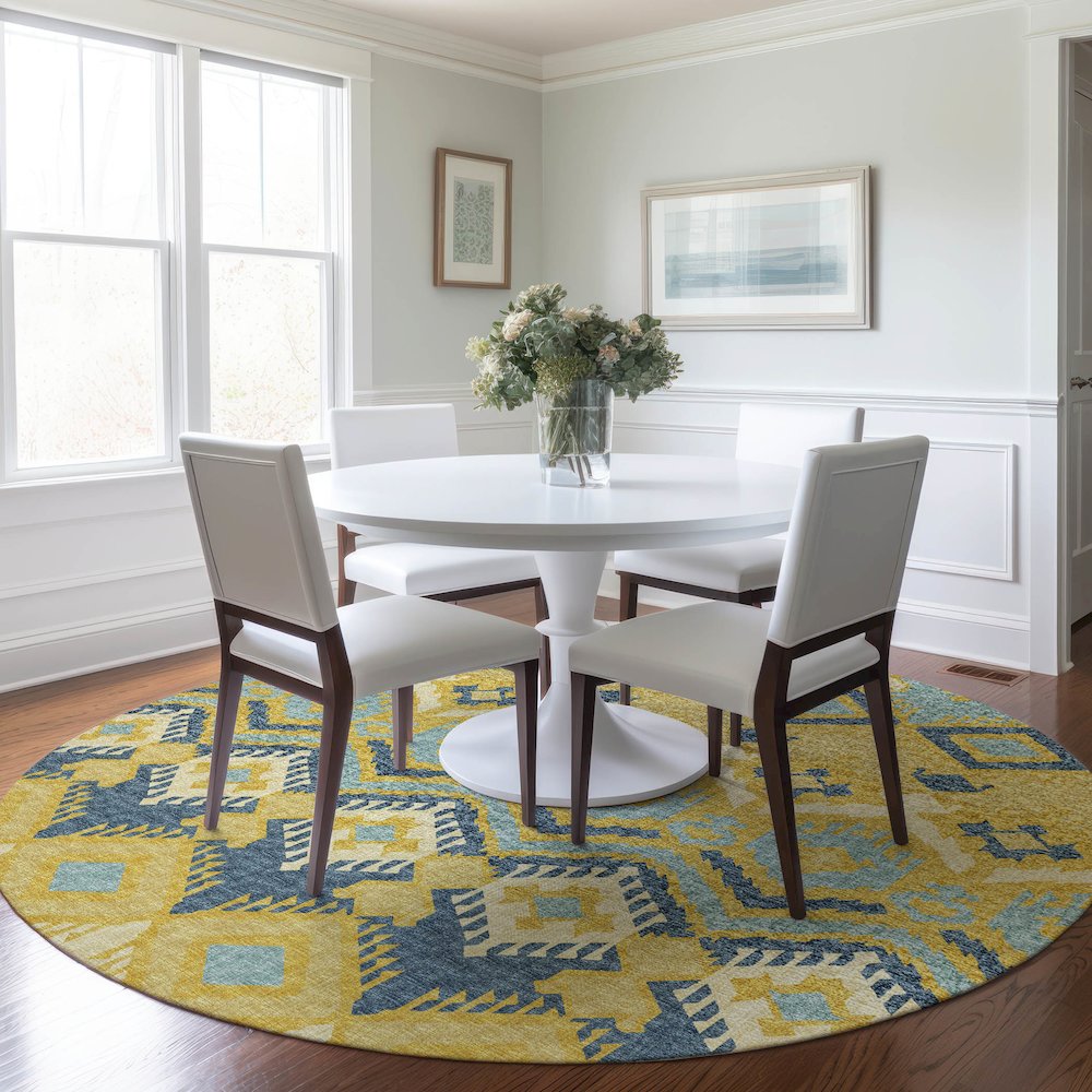 Premium Machine Washable Mayfield  Yellow 8' x 8' Round Rug. Picture 5