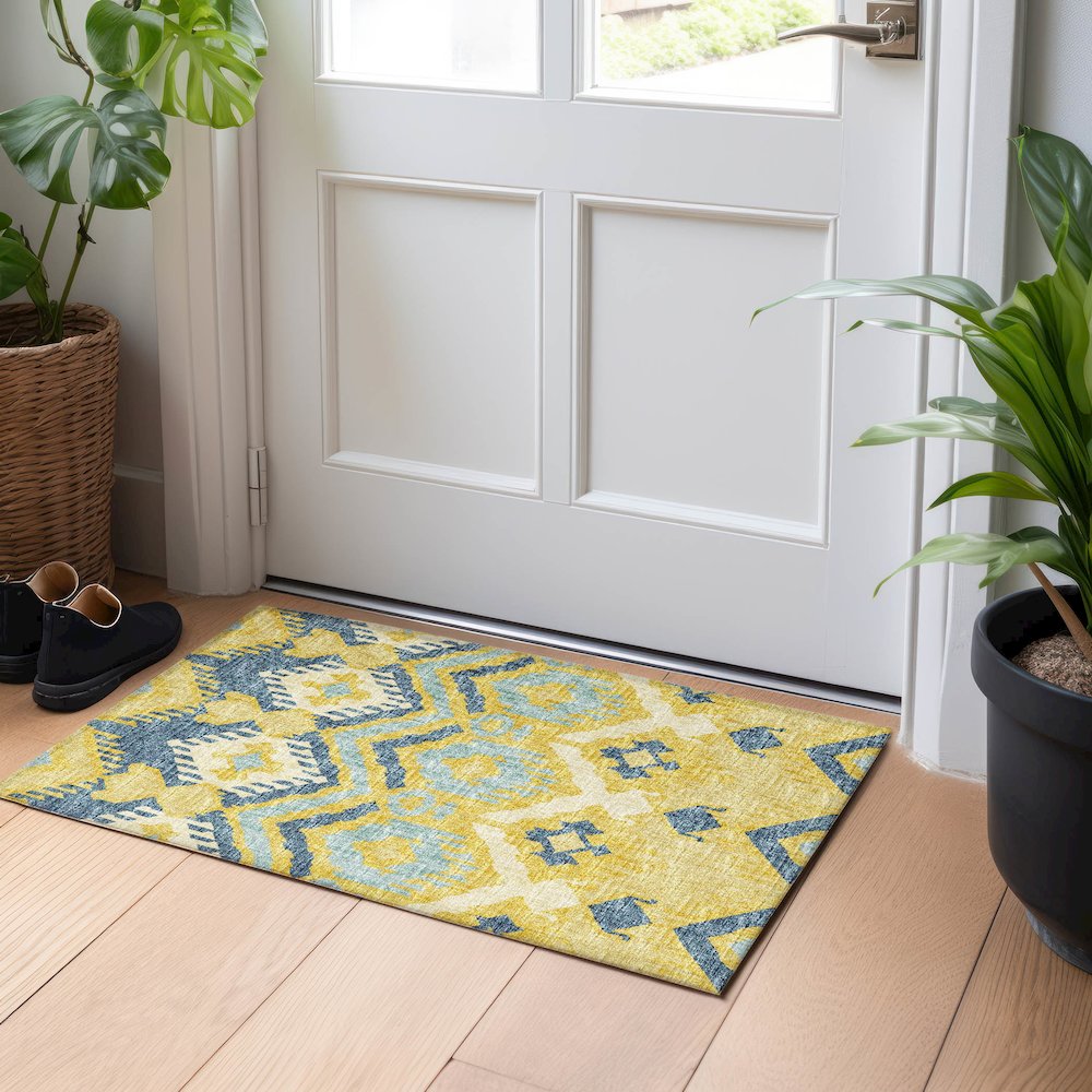 Premium Machine Washable Mayfield  Yellow 1'8" x 2'6" Rug. Picture 5