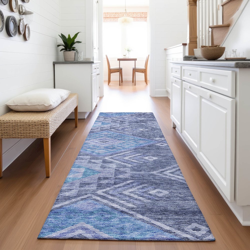 Premium Machine Washable Mayfield AMF1091 Navy 2'3" x 7'6" Runner Rug. Picture 5