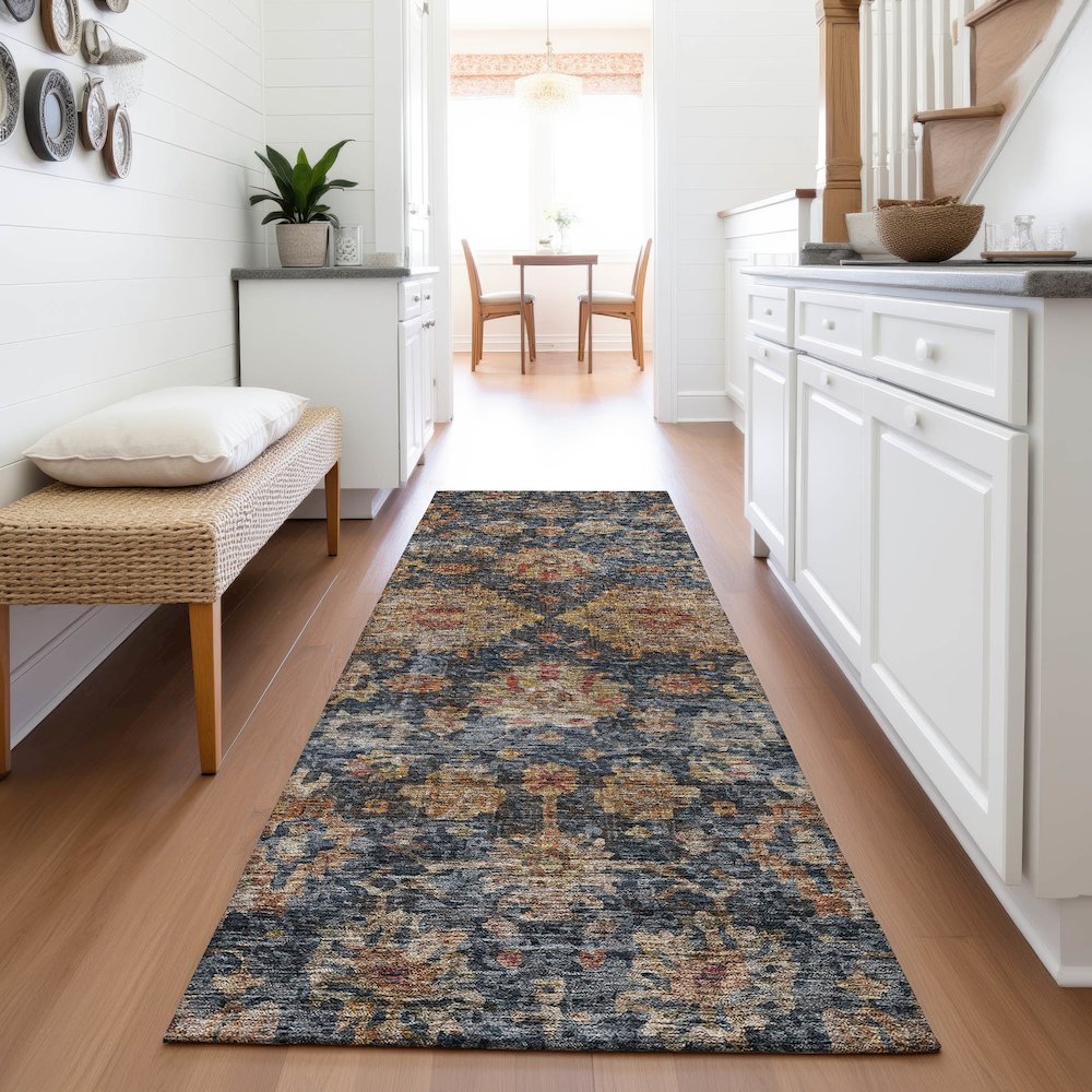 Premium Machine Washable Mayfield AMF1094 Navy 2'3" x 7'6" Runner Rug. Picture 5