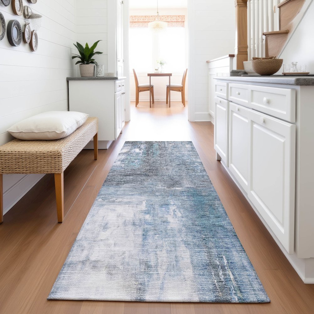 Premium Machine Washable Mayfield AMF1095 Blue 2'3" x 7'6" Runner Rug. Picture 5