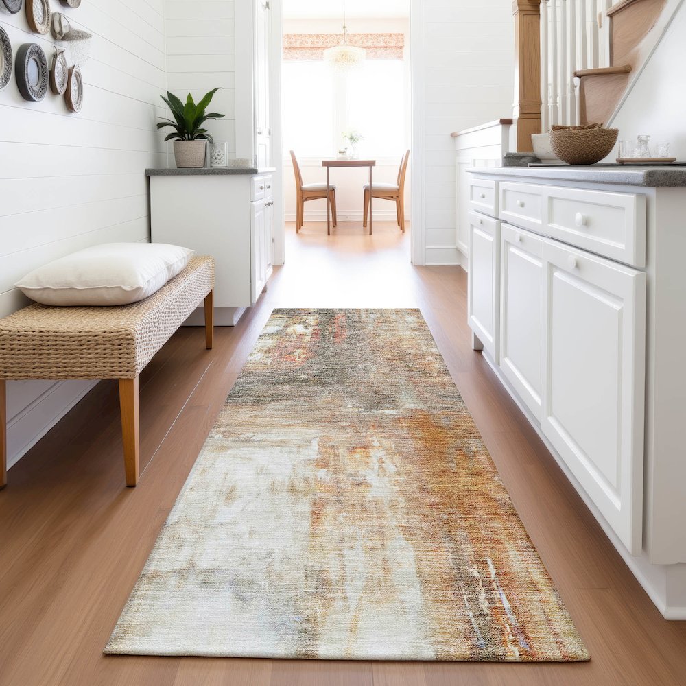 Premium Machine Washable Mayfield AMF1095 Copper 2'3" x 7'6" Runner Rug. Picture 5