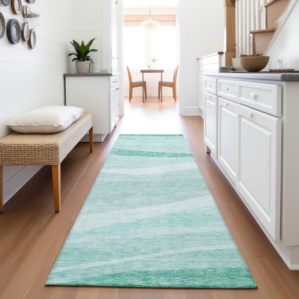 Premium Machine Washable Mayfield AMF1099 Aqua 2'3" x 7'6" Runner Rug. Picture 5